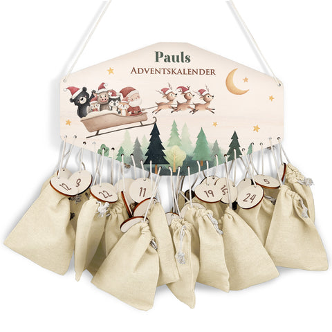 Personalisierter Adventskalender aus Holz mit Druckmotiv & Namen - Schlitten