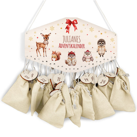 Personalisierter Adventskalender aus Holz mit Druckmotiv & Namen - Waldtiere