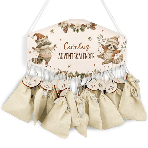 Personalisierter Adventskalender aus Holz mit Druckmotiv & Namen - Waschbären