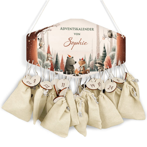 Personalisierter Adventskalender aus Holz mit Druckmotiv & Namen - Winterwald
