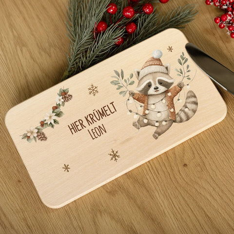 Frühstücksbrettchen zu Weihnachten - Waschbär - personalisiert mit Name