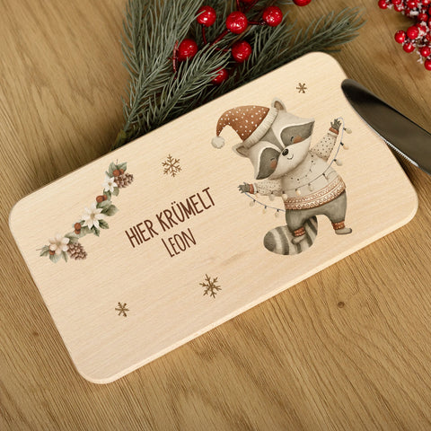 Frühstücksbrettchen zu Weihnachten - Waschbär - personalisiert mit Name