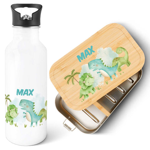 Bedruckte Brotdose & Trinkflasche im Set - Dino