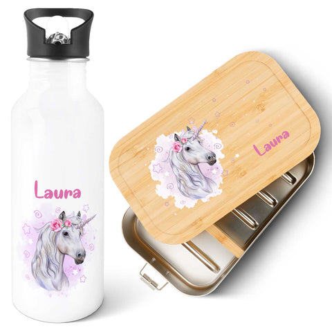 Bedruckte Brotdose & Trinkflasche im Set - Einhorn