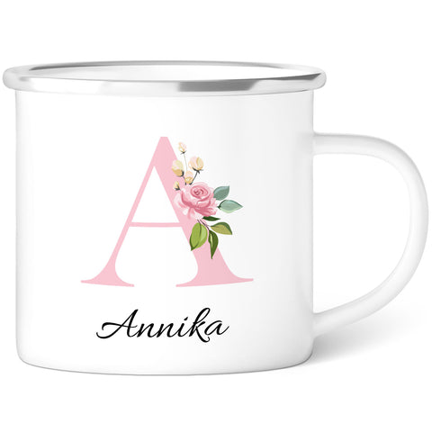 Emaille Tasse - Initial Floral Rosa - Personalisiert mit Namen