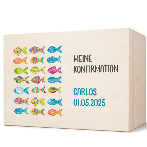 Bedruckte Erinnerungskiste zur Kommunion & Konfirmation - Bunte Fische