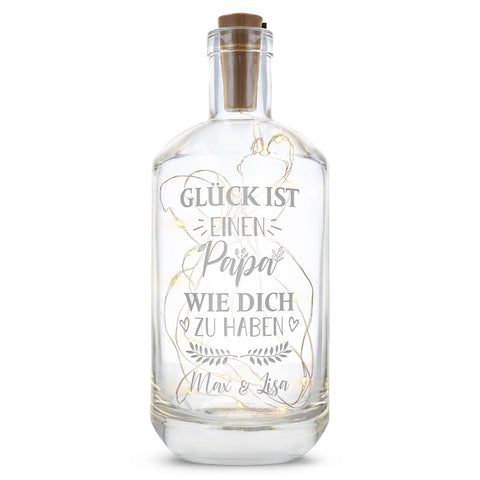 Flaschenlicht mit LED-Lichterkette und Gravur "Glück ist einen Papa wie dich zu haben"