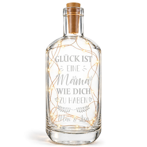 Flaschenlicht mit LED-Lichterkette und Gravur "Glück ist eine Mama wie dich zu haben"