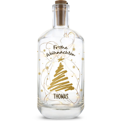 Flaschenlicht mit LED-Lichterkette und UV Druck - Weihnachtsbaum Gold Design - Personalisiert