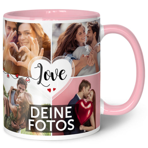 Bedruckte Tasse mit dem Spruch Love und 8 eigenen Fotos