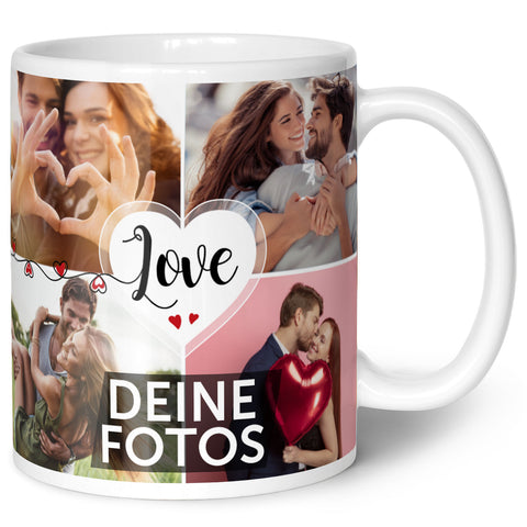 Bedruckte Tasse mit dem Spruch Love und 8 eigenen Fotos