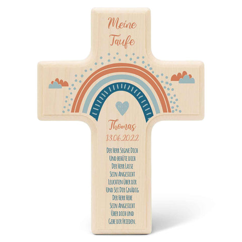 Personalisierbares Holzkreuz zur Taufe Konfirmation oder Kommunion - Regenbogen Design