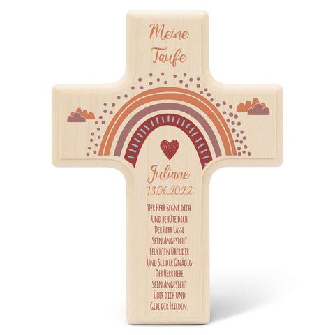 Personalisierbares Holzkreuz zur Taufe Konfirmation oder Kommunion - Regenbogen Design