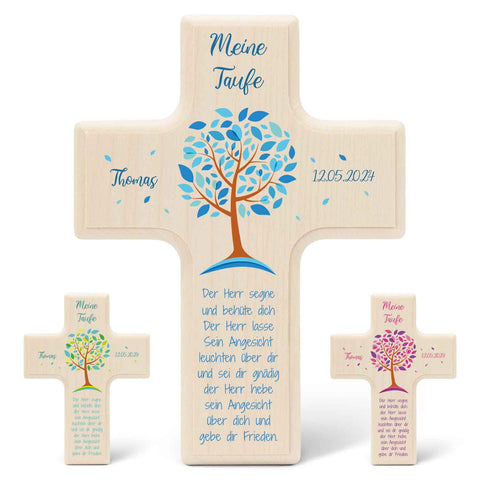 Personalisierbares Holzkreuz zur Taufe Konfirmation und Kommunion - Lebensbaum Design