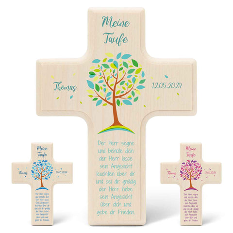 Personalisierbares Holzkreuz zur Taufe Konfirmation und Kommunion - Lebensbaum Design