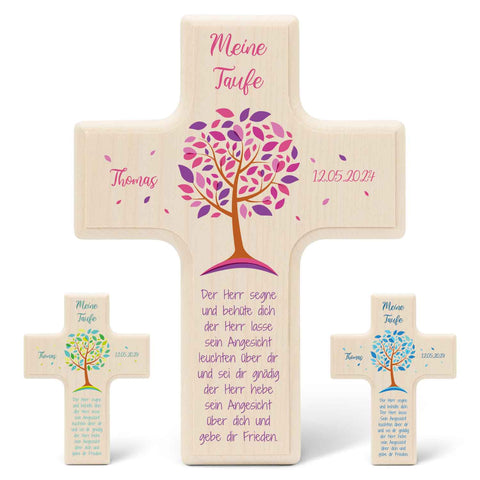 Personalisierbares Holzkreuz zur Taufe Konfirmation und Kommunion - Lebensbaum Design