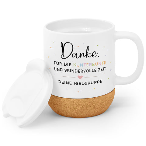 Bedruckte Tasse mit Korksockel & Deckel - Kunterbunte Zeit