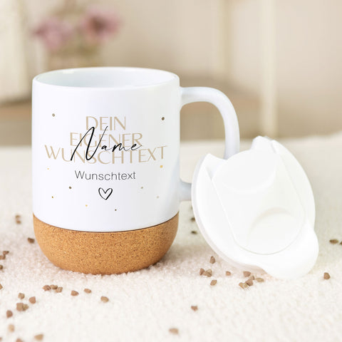 Bedruckte Tasse mit Korksockel & Deckel - Wunschtext V2