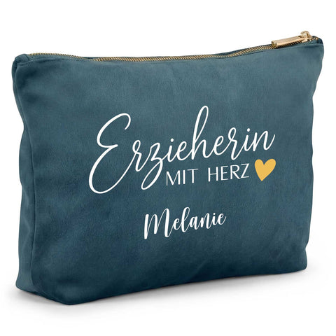 Personalisierte Samt Kosmetiktasche - Erzieherin mit Herz