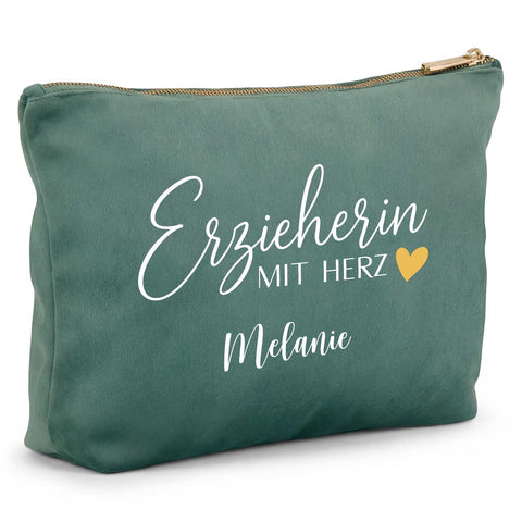 Personalisierte Samt Kosmetiktasche - Erzieherin mit Herz