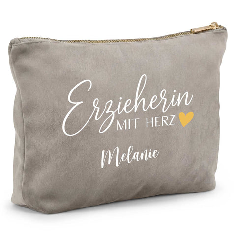 Personalisierte Samt Kosmetiktasche - Erzieherin mit Herz