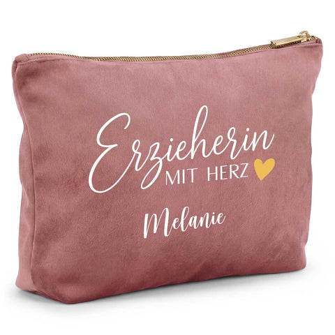 Personalisierte Samt Kosmetiktasche - Erzieherin mit Herz