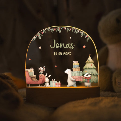 Kinder LED Nachtlicht mit Sockel aus Holz - "Eisbär Schlitten"