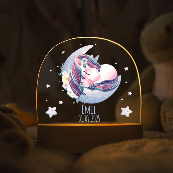 Kinder LED Nachtlicht mit Sockel aus Holz - "Mond Tiere" GRAVURZEILE