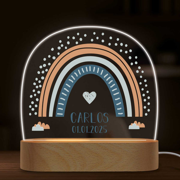 Kinder LED Nachtlicht mit Sockel aus Holz im Regenbogen Design GRAVURZEILE
