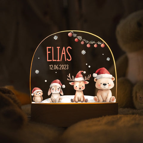 Kinder LED Nachtlicht mit Sockel aus Holz - "Schneetiere"