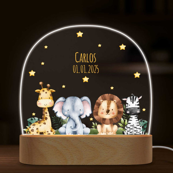 Kinder LED Nachtlicht mit Sockel aus Holz im Tiergruppe Design GRAVURZEILE