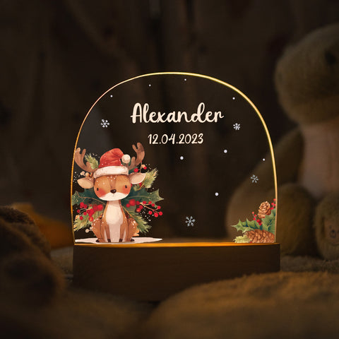 Kinder LED Nachtlicht mit Sockel aus Holz - "Weihnachtstiere"