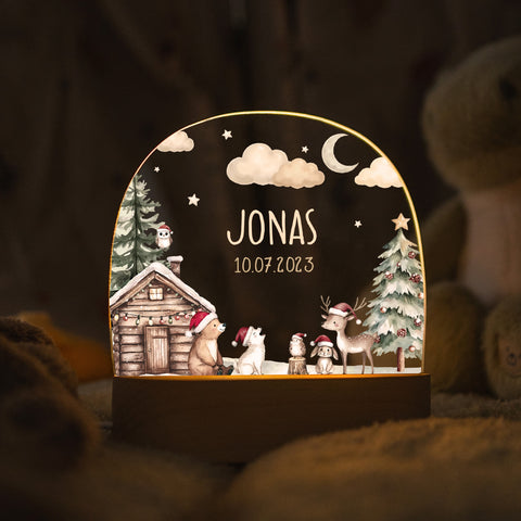 Kinder LED Nachtlicht mit Sockel aus Holz - "Winterhütte"