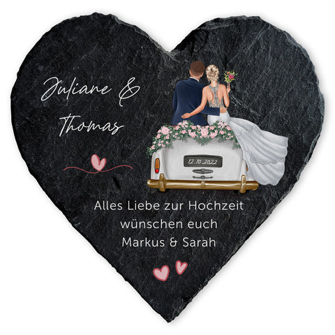 Bedrucktes Schieferherz - Hochzeitsauto - Personalisiertes Geschenk