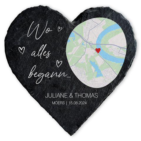 Bedrucktes Schieferherz - Wo alles begann - Personalisiertes Geschenk