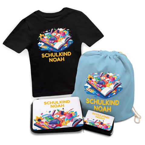 Personalisiertes Schulset - Buch - mit T-Shirt, Sportbeutel,  Federmappe & Geldbörse