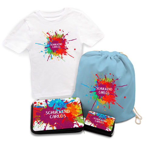 Personalisiertes Schulset - Colorsplash - mit T-Shirt, Sportbeutel,  Federmappe & Geldbörse