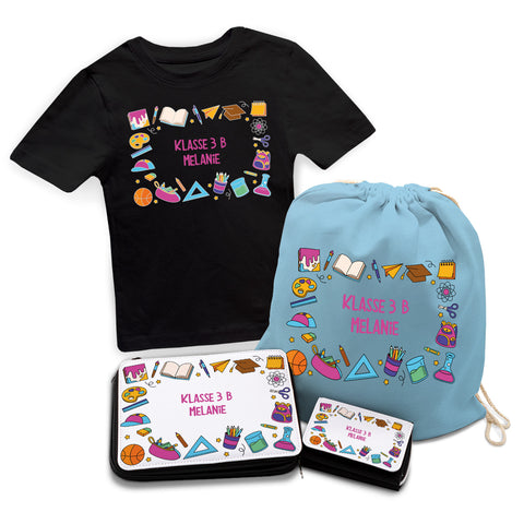 Personalisiertes Schulset - Comic - mit T-Shirt, Sportbeutel,  Federmappe & Geldbörse