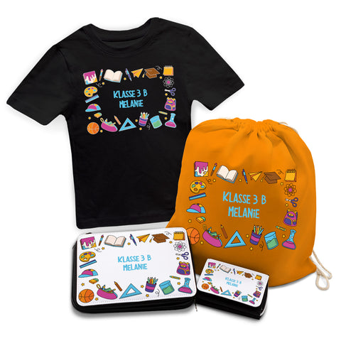 Personalisiertes Schulset - Comic - mit T-Shirt, Sportbeutel,  Federmappe & Geldbörse