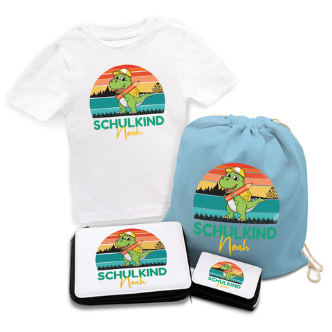 Personalisiertes Schulset - Dino - mit T-Shirt, Sportbeutel,  Federmappe & Geldbörse