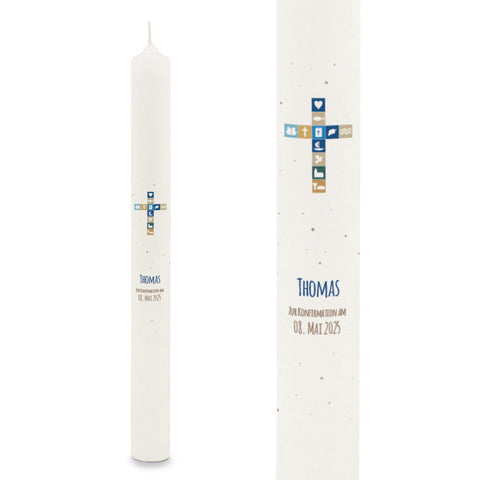 Stabkerze "Kreuz Symbole"- Kommunion Kerze mit Namen & Datum