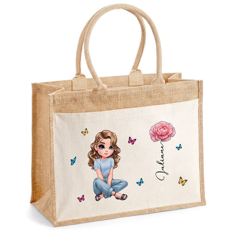 Personalisierte Strandtasche - Blumen - Jute-Tasche mit Name und Figur