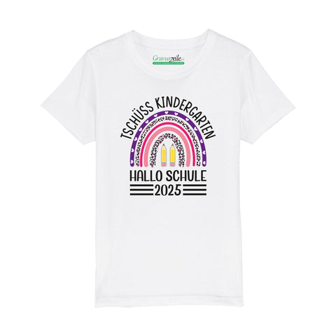Bedrucktes T-Shirt für Kinder - Tschüss Kindergarten 2025 Regenbogen Lila