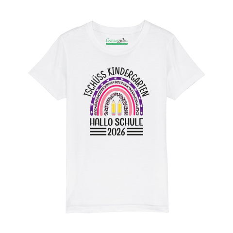Bedrucktes T-Shirt für Kinder - Tschüss Kindergarten Regenbogen Lila