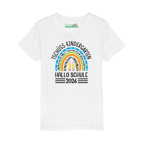 Bedrucktes T-Shirt für Kinder - Tschüss Kindergarten Regenbogen Blau