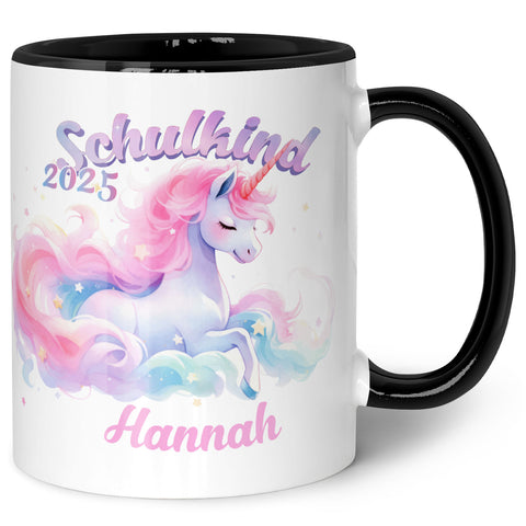 Bedruckte Tasse mit Einschulung magisches Einhorn Motiv - personalisiert mit Name