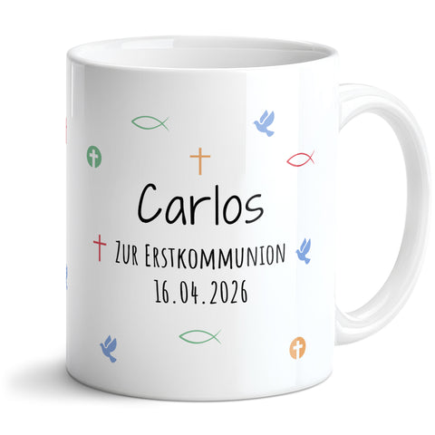 Bedruckte Tasse mit Motiv - Zur Erstkommunion & Konfirmation - Personalisiert mit Name & Datum