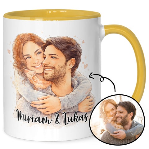 Bedruckte Tasse im Aquarell Stil - Foto Pärchen - Personalisiert mit eigenem Bild