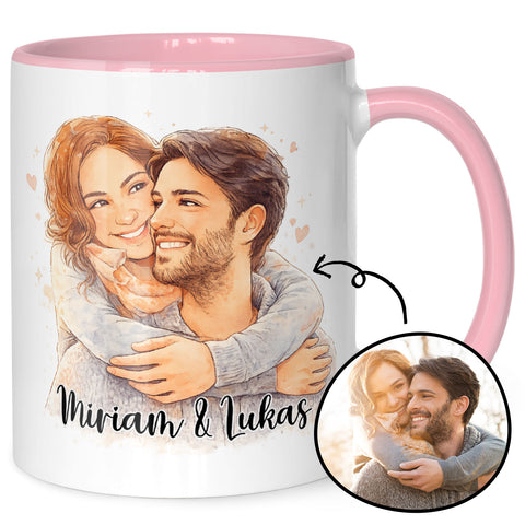 Bedruckte Tasse im Aquarell Stil - Foto Pärchen - Personalisiert mit eigenem Bild