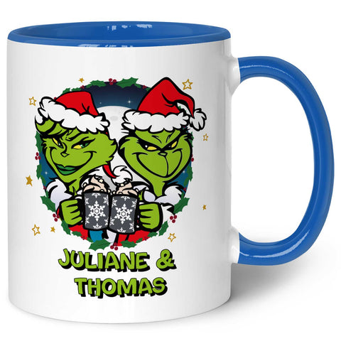 Bedruckte Tasse mit Weihnachtsmotiv - Grinch Paar mit Namen